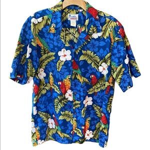 Hawaii M Unisex Blue Palms Parrot Short Sleeve Button Front Hawaiian Shirt
